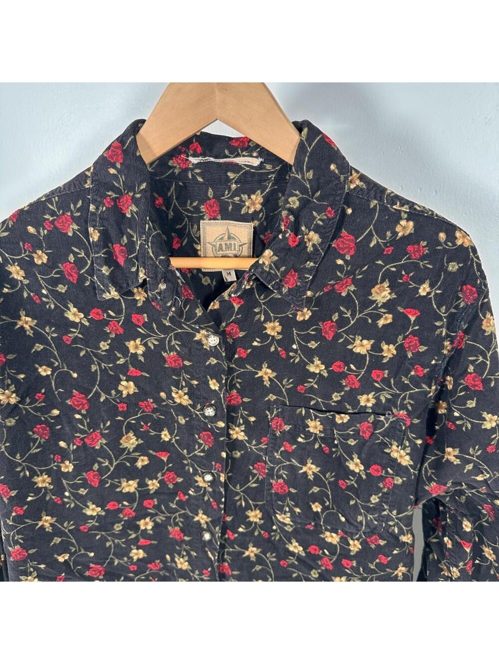 A.M.I Vintage Floral Corduroy Shirt Size M Black Red 90s Grunge Button AMI Paris